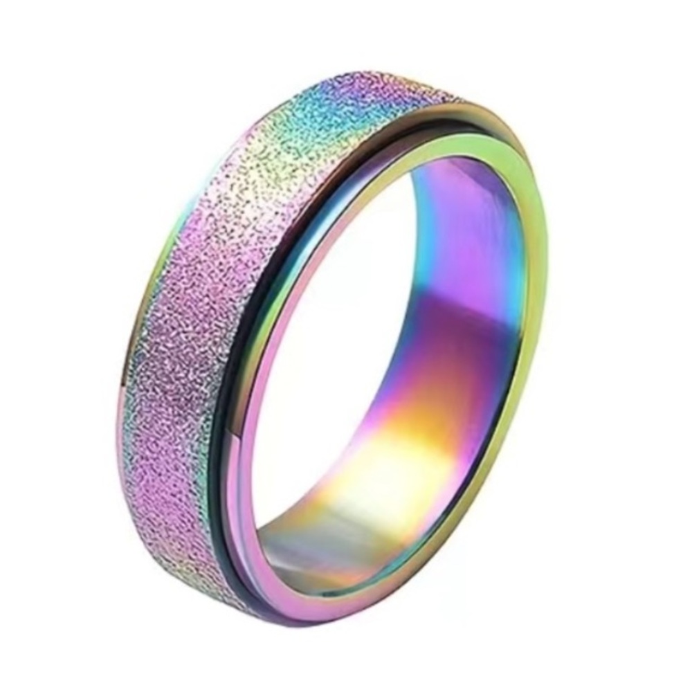 Rainbow Stainless Steel Spinner Ring Textured Band | Iridescent Anxiety Ring